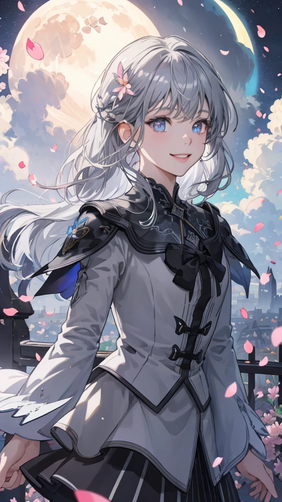 masterpiece, Highest quality,, One girl, (colorful),(Beautifully detailed eyes and face),cinematic Lighting,Bust Shot,Highly detailed CG Unity 8k wallpaper,Gray Hair,alone,smile,Complex skirt,((Flying petals)),(Flowery meadow), null, cloudy_null, building, moonLight, moon, night, (Dark Theme:1.3), Light, Fantasy,