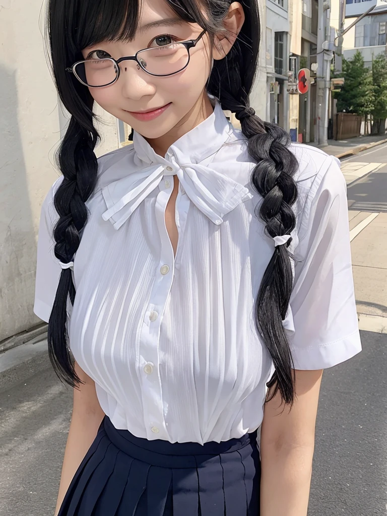 Highest quality、masterpiece、8k、Very detailed、Realistic、One girl、Looking at me with a smile、Black Hair、Braid、Small face、Slender、Big Breasts、Thin and beautiful legs、narrow and constricted waist,、Glasses、Young face、A tight-fitting short-sleeved white shirt with buttons and a collar、Short navy blue pleated skirt、Red ribbon on chest