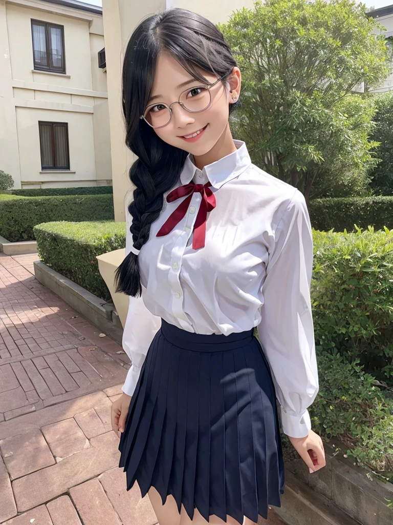 Highest quality、masterpiece、8k、Very detailed、Realistic、One girl、Looking at me with a smile、Black Hair、Braid、Small face、Slender、Big Breasts、Thin and beautiful legs、narrow and constricted waist,、Glasses、Young face、A tight-fitting short-sleeved white shirt with buttons and a collar、Short navy blue pleated skirt、Red ribbon on chest