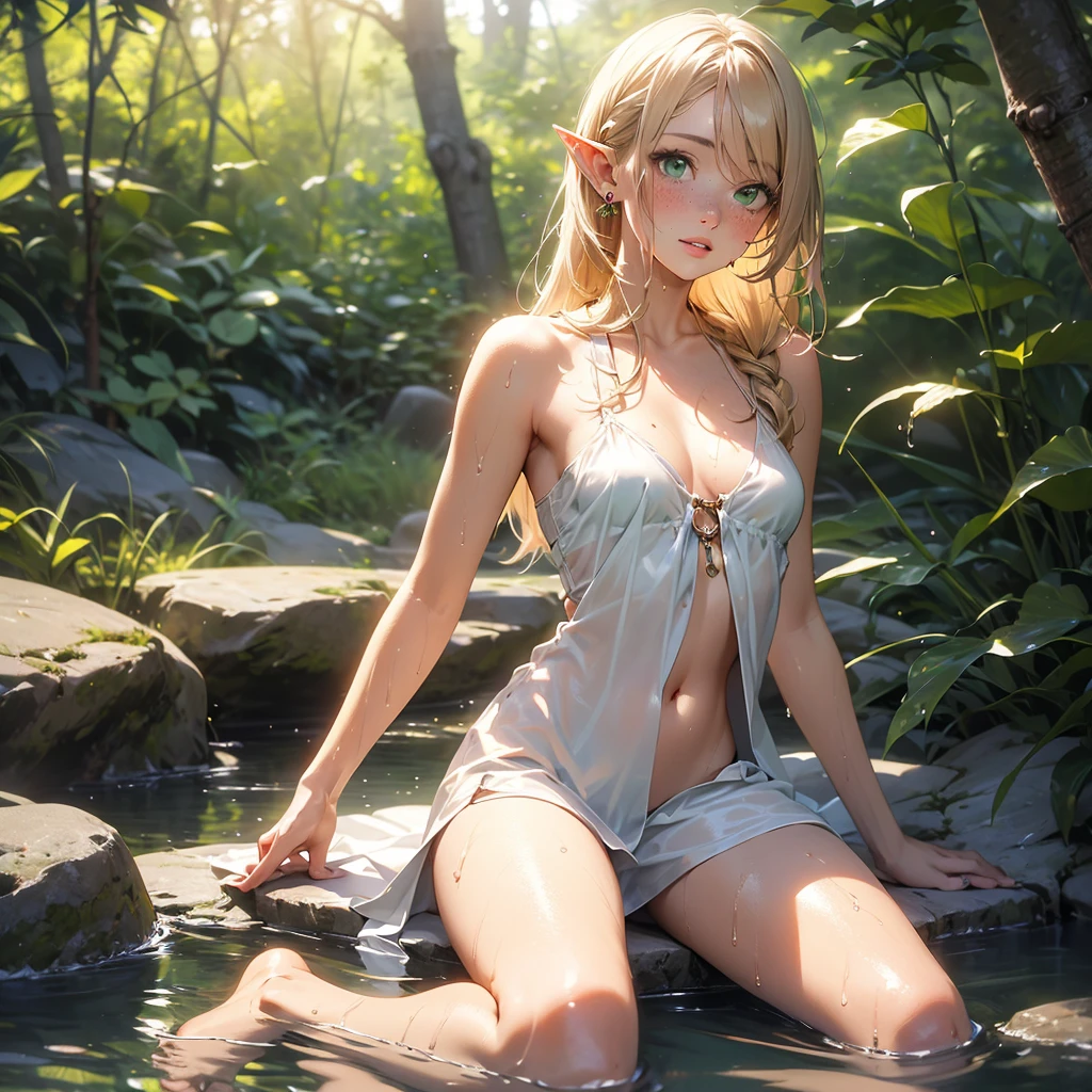 perfect face, (masterpiece, best quality, ultra-detailed, highres, 4k), (beautiful detailed eyes), (Realistic, Photorealistic: 1.37), Ultra Detailed, Soft Light, (1girl), Anatomically correct, ((beautiful girl)), (Long dark-blond hair), (ginger highlight), thin pearl ear piercings, ((green eyes)), blush, glossy lips, thin lips, half-open lips, realistic, freckles, thin pointed ears, elf, ((medieval dress)), medium breast, small hips, bare legs, bare feet, forest background, navel, firm stomach, thin thighs, from the side, wet clothes, nsfw