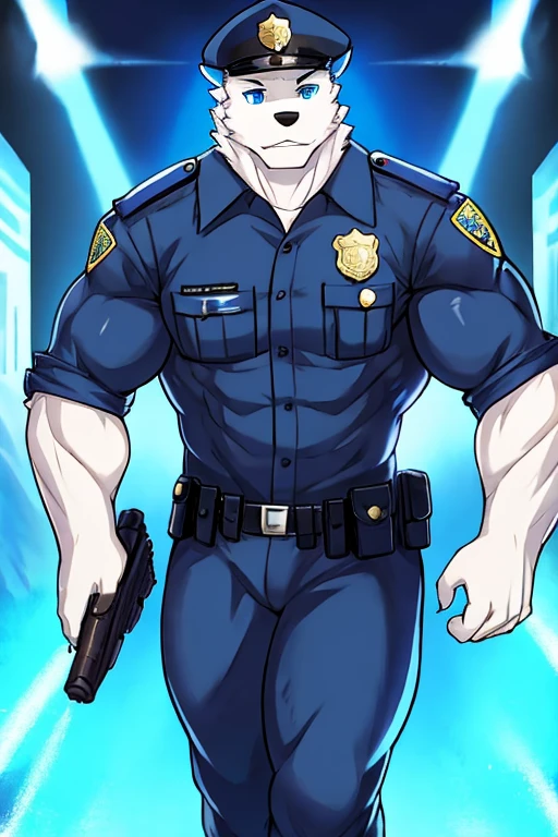 polar bone, police, muscular, blue eyes