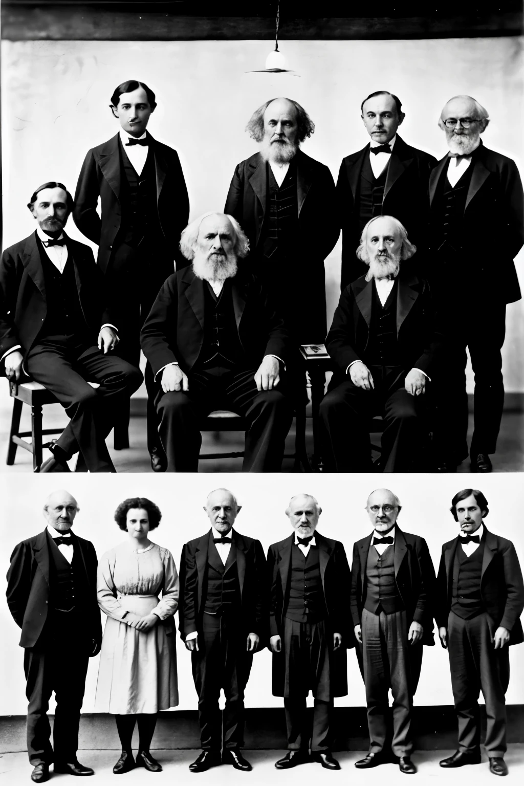 Isaac Newton, Nikola Tesla, Marie Curie, Charles Darwin, Alan Turing, Thomas Edison y Albert Einstein juntos