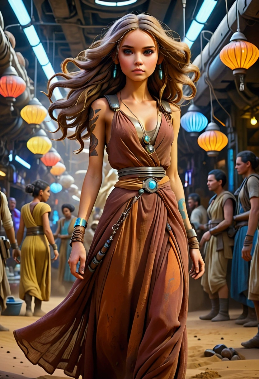 a lovely woman in an airy dress, marketplace on tattooine(area is seed, rusty, dusty, and used. People are dressed in ruddy outer layers but have vibrant clothing beneath. Dust and sand continually get on the floor. droids small and worn busy themselves battling the dirt and grime), aliens, star wars, cyberpunk, neon lights, crowd, futuristic, vibrant colors, detailed, photorealistic, 8k, high quality, cinematic, dynamic pose, beautiful girl, long flowing hair, intricate dress design, alien vendors, bustling marketplace, scifi atmosphere, dramatic lighting, advanced technologies, retro-futuristic, gritty urban, synergistic blend
