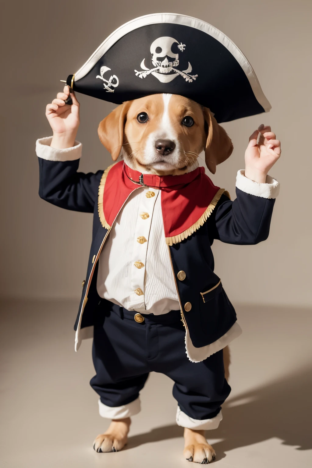 work of art,highest quality,animal,a little,cute,no humans, labrador puppy ,
pirate outfit ,
standing on hind legs with hands up, without holding the hat