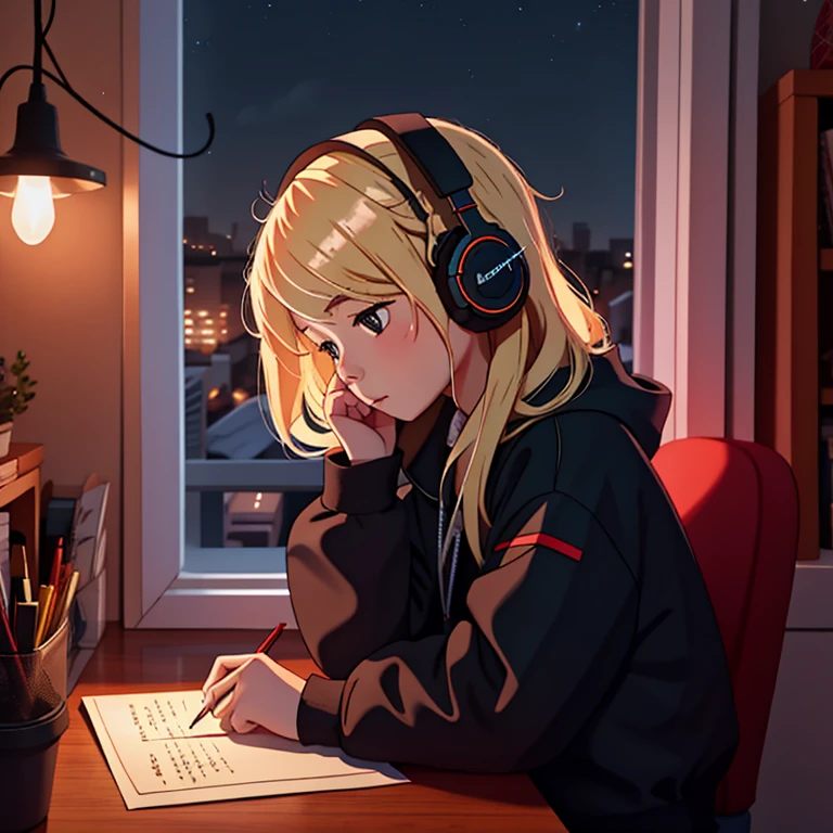 Logistics, 1 Girl, s writing, From the outside, With a girl, Blonde, Hair length, Headphones on head, window, night、High resolution