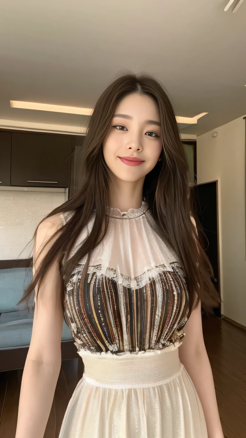 seed:2020674263.((Full body angle:1.1)).((Highest quality, 8k, masterpiece:1.3)), ((from below:1.1)).concentrated:1.2, Perfect body beauty:1.4, Hips:1.2, ((Delicate Hair)), (Colorful waist cinematographed dress :1.1) , ((Highest quality、8k、masterpiece:1.3))、1girl、A sloppy smile、Esbian all over body、Slim face、Big 、Beautiful woman、(Dark Brown Hair)、Long Hair、1.1、Flickering Valley、Detailed eyes、double eyelid、Blurred Background、超Slim face、Smile、Looking down、stroll、