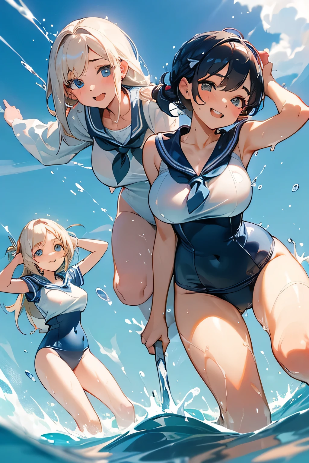 Highest quality、High resolution、Detailed Background、(Beautiful face in every detail:1.4)、Anatomically correct、Detailed facial expressions、(Detailed eyes:1.2)、age beauty、(Huge breasts:1.2)、Highly detailed face、Light color hair、Braided bob cut、ponytail、Perfect body line、well-groomed eyebrows、Water play spot、Water play slide、Water play event、

(Three smiling girls playfully splashing water on each other:1.5)、

White school swimsuit、White Sailor School Swimsuit、My whole body gets wet、Smiling、A big smile、A fun atmosphere、Accentuate your cleavage、cute