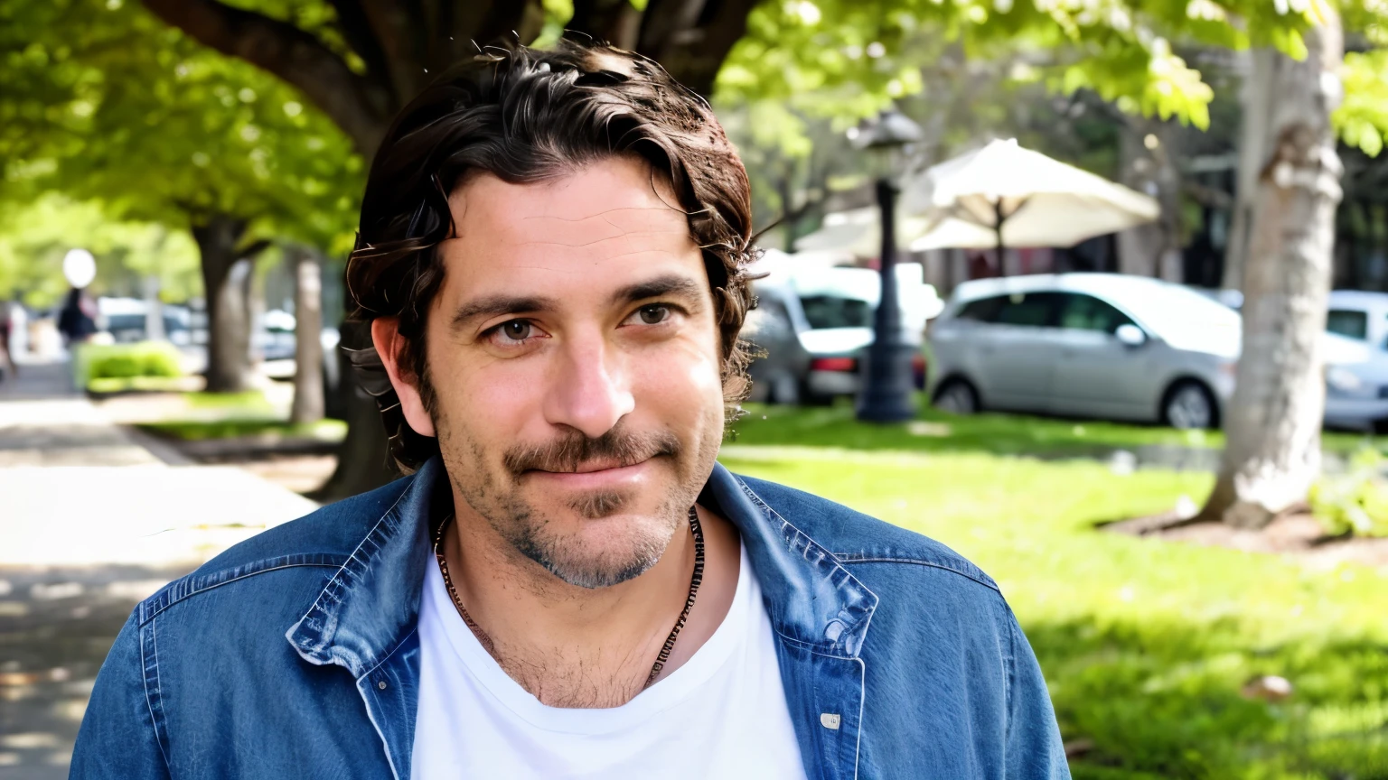 ((best qualityer)), ((work of art)), (detailded), Create an image of a man named Jonathan, around 38 years old. Jonathan has a friendly and confident appearance. He has dark brown hair, Short and slightly disheveled. His face is marked by a warm and welcoming expression, with eyes that convey a sense of sincerity. Jonathan is dressed casually, with a button-down shirt and jeans, suggesting a relaxed but tidy style. No fundo, the environment can be a park or a quiet street, reflecting an everyday, serene setting.