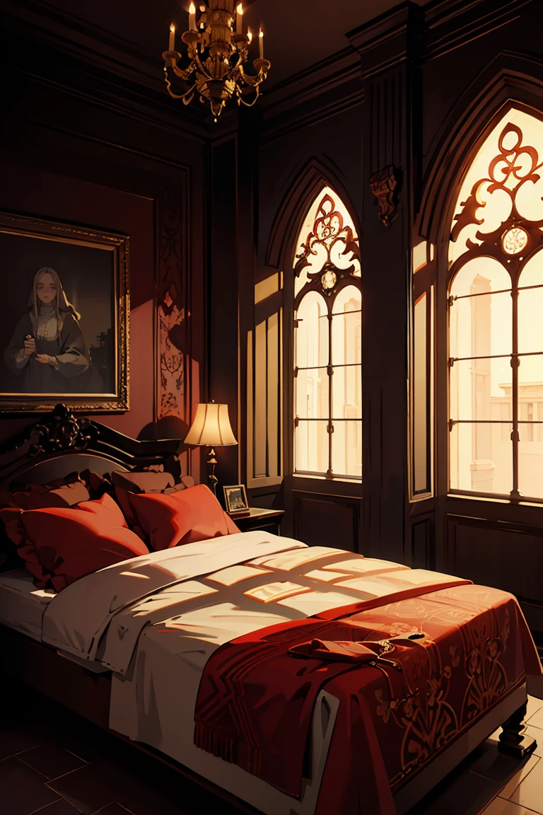 a beautiful luxurious gothic style hotel room, plush red velvet bed, dramatic chiaroscuro lighting, detailed intricate ornate architecture, medieval gothic interior design, moody atmospheric lighting, highly detailed, photorealistic, 8k, award-winning art