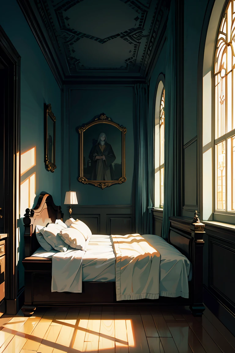 a beautiful luxurious gothic style hotel room, plush red velvet bed, dramatic chiaroscuro lighting, detailed intricate ornate architecture, medieval gothic interior design, moody atmospheric lighting, highly detailed, photorealistic, 8k, award-winning art