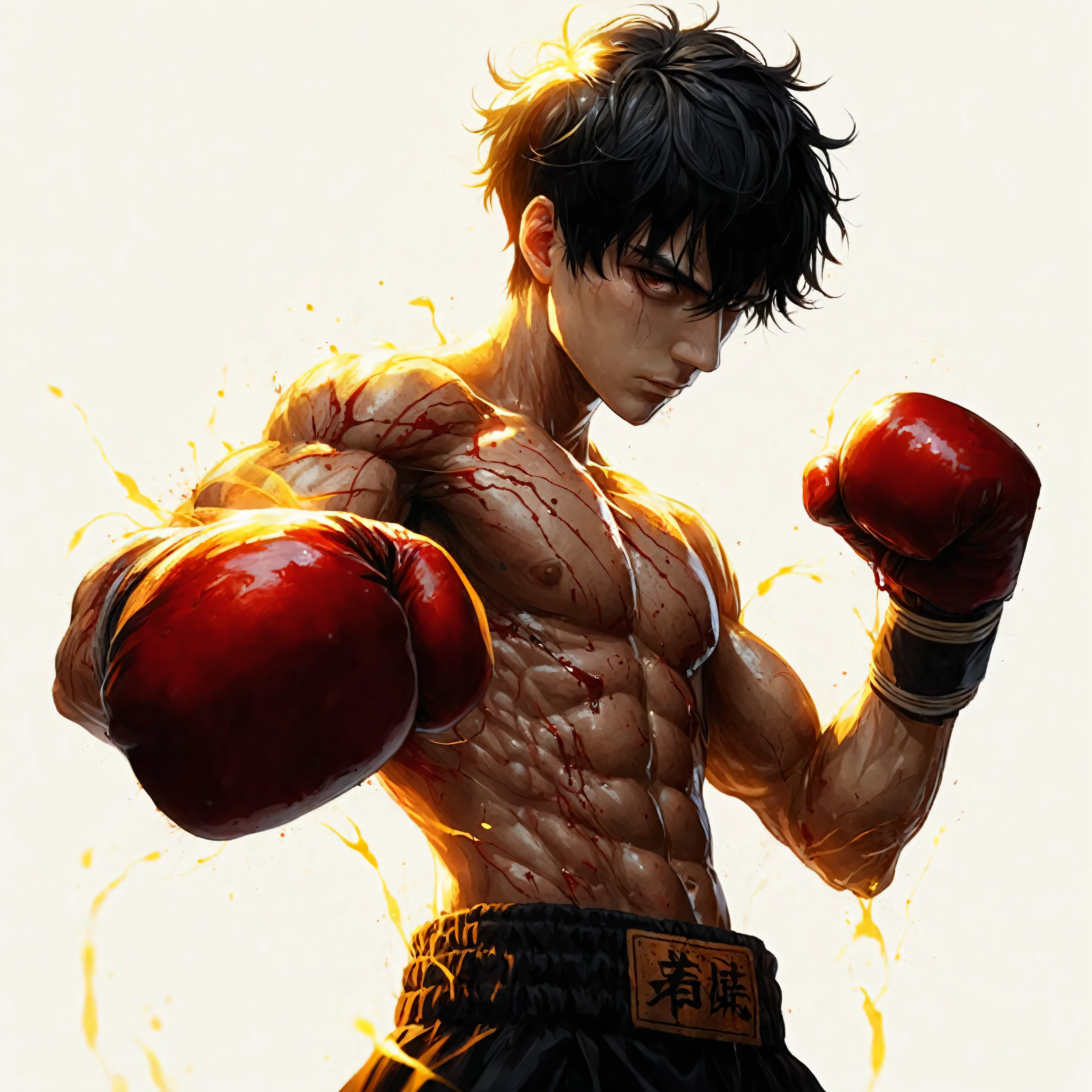 a man with black hair and brown eyes, blood covering his body, blood on his gloves and hair, gory, extremely detailed, hyper realistic, cinematic lighting, dark and moody color palette, 8k, photorealistic, masterpiece, dramatic