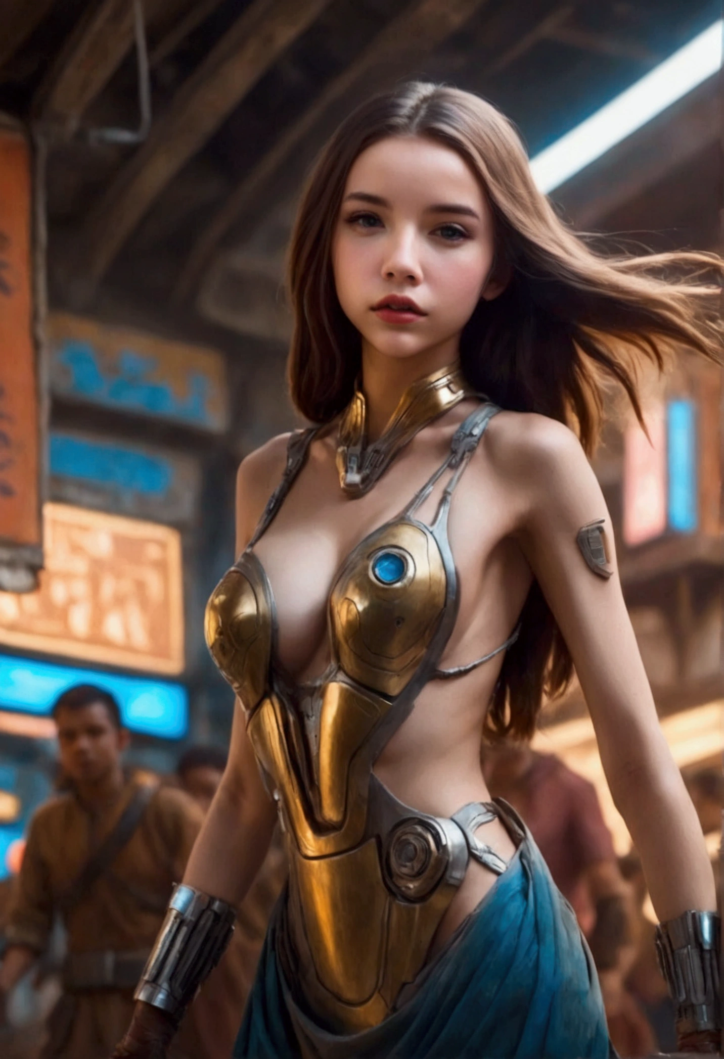 a lovely woman in an airy dress, marketplace on tattooine(area is seed, rusty, dusty, and used. People are dressed in ruddy outer layers but have vibrant clothing beneath. Dust and sand continually get on the floor. droids small and worn busy themselves battling the dirt and grime), aliens, star wars, cyberpunk, neon lights, crowd, futuristic, vibrant colors, detailed, photorealistic, 8k, high quality, cinematic, dynamic pose, beautiful girl, long flowing hair, intricate dress design, alien vendors, bustling marketplace, scifi atmosphere, dramatic lighting, advanced technologies, retro-futuristic, gritty urban, synergistic blend