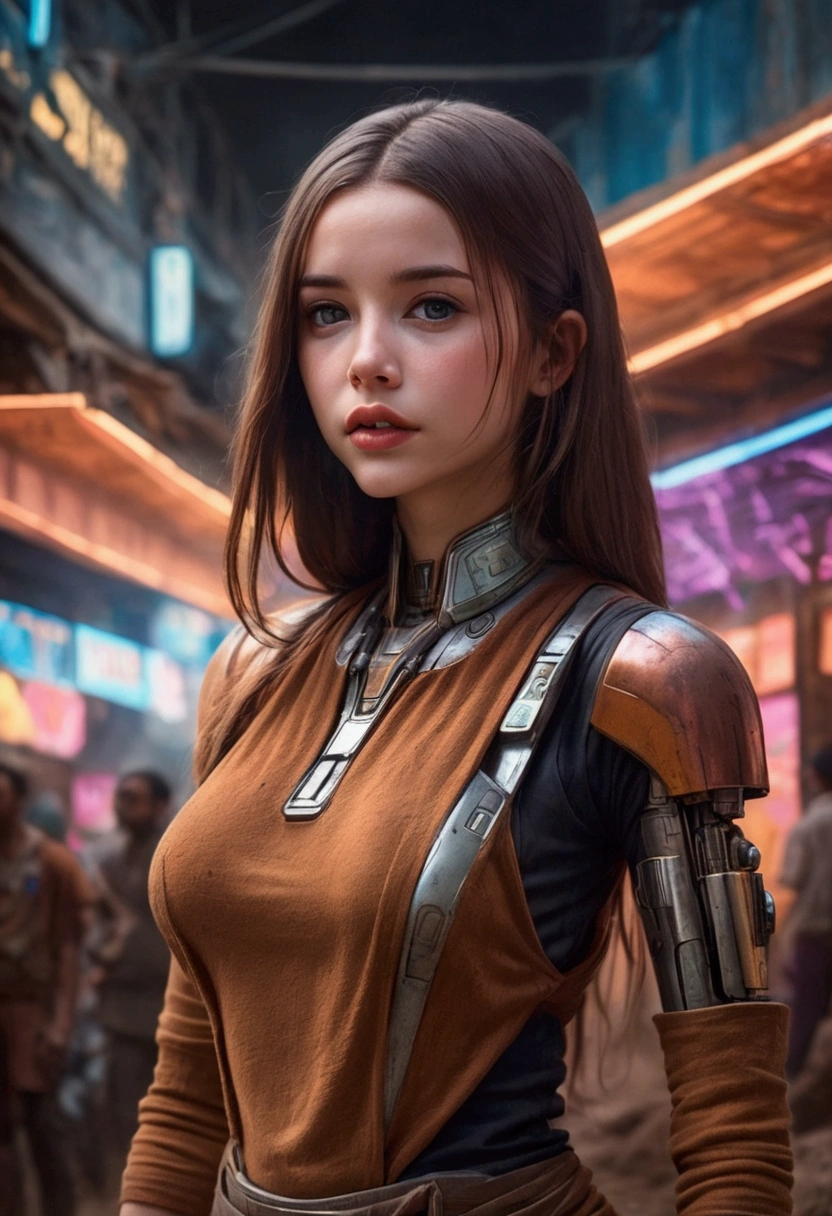 a lovely woman in an airy dress, marketplace on tattooine(area is seed, rusty, dusty, and used. People are dressed in ruddy outer layers but have vibrant clothing beneath. Dust and sand continually get on the floor. droids small and worn busy themselves battling the dirt and grime), aliens, star wars, cyberpunk, neon lights, crowd, futuristic, vibrant colors, detailed, photorealistic, 8k, high quality, cinematic, dynamic pose, beautiful girl, long flowing hair, intricate dress design, alien vendors, bustling marketplace, scifi atmosphere, dramatic lighting, advanced technologies, retro-futuristic, gritty urban, synergistic blend
