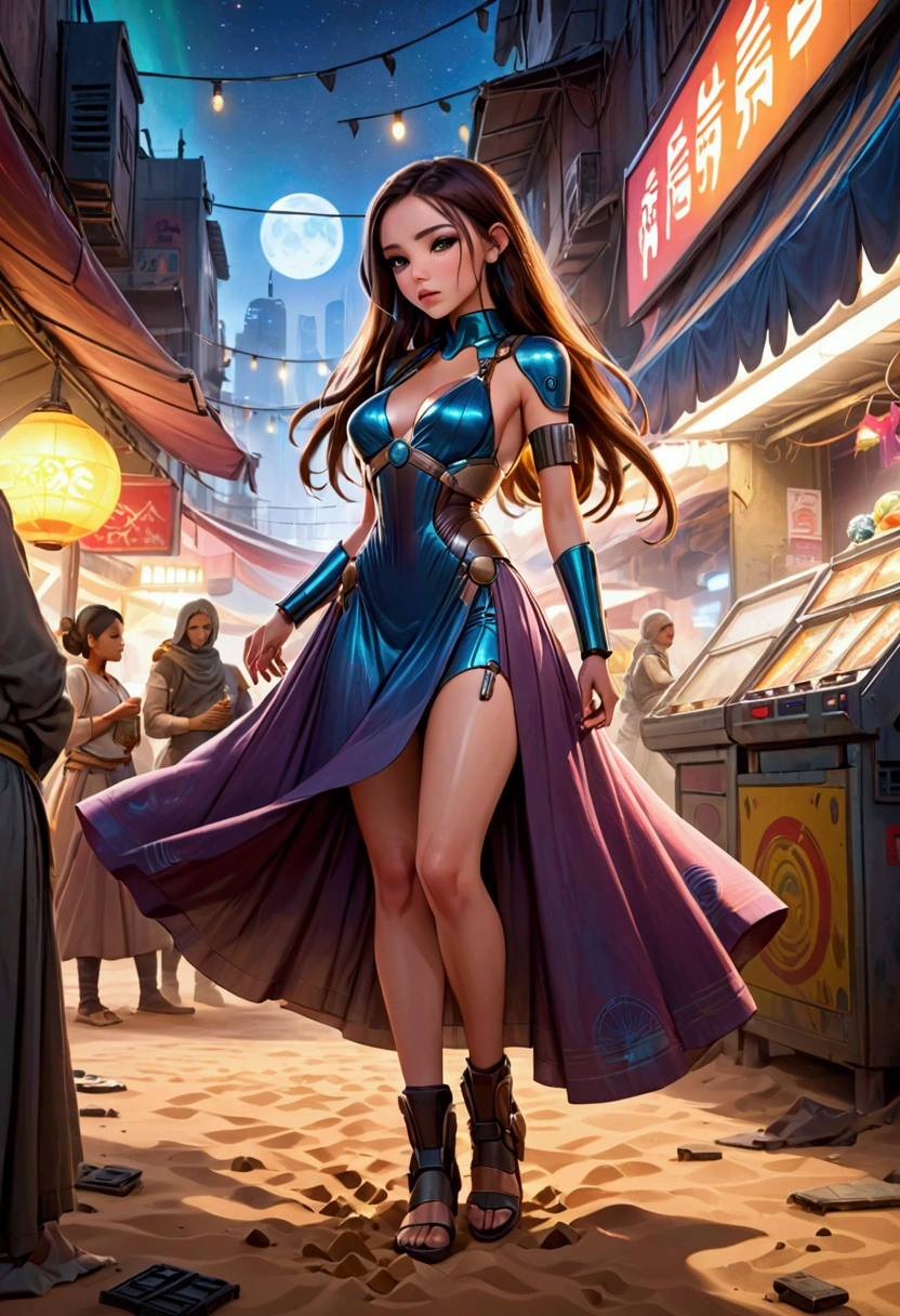 a lovely woman in an airy dress, marketplace on tattooine(area is seed, rusty, dusty, and used. People are dressed in ruddy outer layers but have vibrant clothing beneath. Dust and sand continually get on the floor. droids small and worn busy themselves battling the dirt and grime), aliens, star wars, cyberpunk, neon lights, crowd, futuristic, vibrant colors, detailed, photorealistic, 8k, high quality, cinematic, dynamic pose, beautiful girl, long flowing hair, intricate dress design, alien vendors, bustling marketplace, scifi atmosphere, dramatic lighting, advanced technologies, retro-futuristic, gritty urban, synergistic blend
