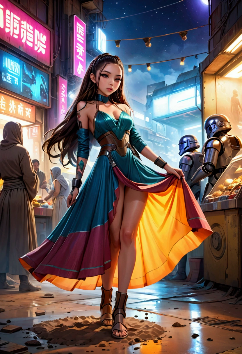 a lovely woman in an airy dress, marketplace on tattooine(area is seed, rusty, dusty, and used. People are dressed in ruddy outer layers but have vibrant clothing beneath. Dust and sand continually get on the floor. droids small and worn busy themselves battling the dirt and grime), aliens, star wars, cyberpunk, neon lights, crowd, futuristic, vibrant colors, detailed, photorealistic, 8k, high quality, cinematic, dynamic pose, beautiful girl, long flowing hair, intricate dress design, alien vendors, bustling marketplace, scifi atmosphere, dramatic lighting, advanced technologies, retro-futuristic, gritty urban, synergistic blend