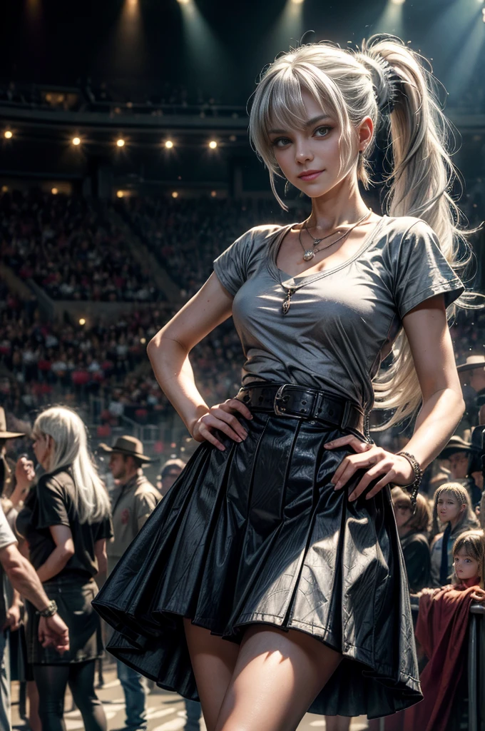 (masterpiece, best quality:1.2), cowboy shot, weissvale, smile, closed mouth,  looking at viewer, long white hair, side ponytail, scar above eye, scar below eye, t-shirt, skirt,  jewelry, necklace, earrings, standing in stadium, hand on hip, crowd