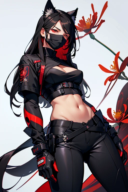woman, cat ears, long hair, black hair with brown tips, red eyes, her clothes are ninja clothes, her clothes have a red outline, her clothes show her belly, she wears a black mask, her The mask is more detailed with an older style, gloves without the tips on her hands, the backdrop is spider lily flowers.