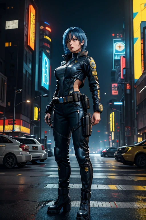 ((masterpiece,best quality)), 1female, 32 years old, Cyberpunk agent, weapon specialist, slightly serious expression, blue hair, yellow eyes, strong physique, black jumpsuit, metallic utility belt, boots, gun holsters, high-tech city in background, cinematic composition, dynamic pose,
