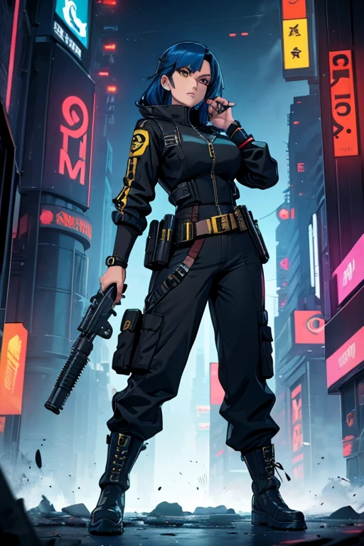 ((masterpiece,best quality)), 1female, 32 years old, Cyberpunk agent, weapon specialist, slightly serious expression, blue hair, yellow eyes, strong physique, black jumpsuit, metallic utility belt, boots, gun holsters, high-tech city in background, cinematic composition, dynamic pose,