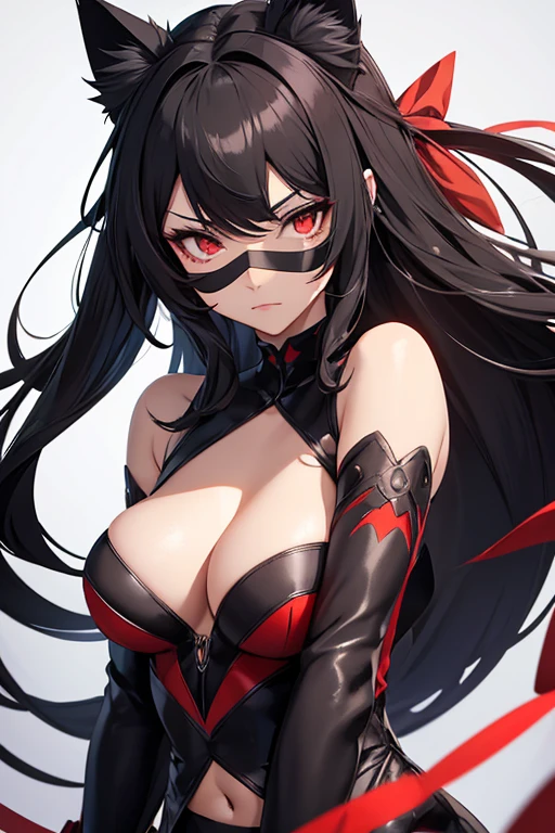 woman, cat ears, long hair, black hair with brown tips, red eyes, her clothes are ninja clothes, her clothes have a red outline, her clothes show her belly, she wears a black mask, her The mask is more detailed with an older style, gloves without the tips on her hands, the backdrop is spider lily flowers.