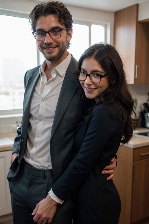 Male, stubble beard brown, handsome green eyes, thin, middle curly hair, classy navy suit, badass skinny, smiling with his girlfriend who has curly black hair, girlfriend wears glasses