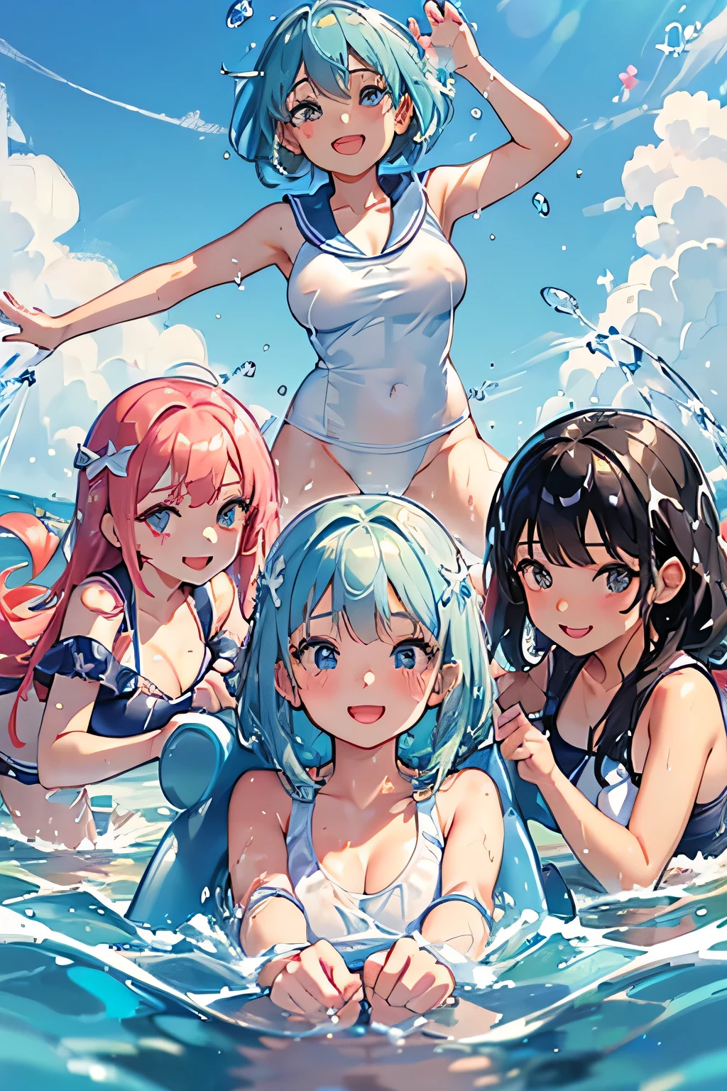 Highest quality、High resolution、Detailed Background、(Beautiful face in every detail:1.4)、Anatomically correct、Detailed facial expressions、(Detailed eyes:1.2)、age beauty、(Huge breasts:1.2)、Highly detailed face、Light color hair、Braided bob cut、ponytail、Perfect body line、well-groomed eyebrows、Water play spot、Water play slide、Water play event、
(Three smiling girls playfully splashing water on each other:1.5)、
White school swimsuit、White Sailor School Swimsuit、My whole body gets wet、Smiling、A big smile、A fun atmosphere、Accentuate your cleavage、cute