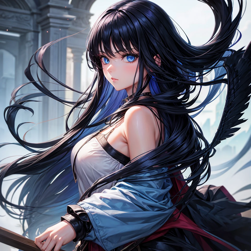 Girl with raven hair with beautiful blue eyes and very physically beautiful 