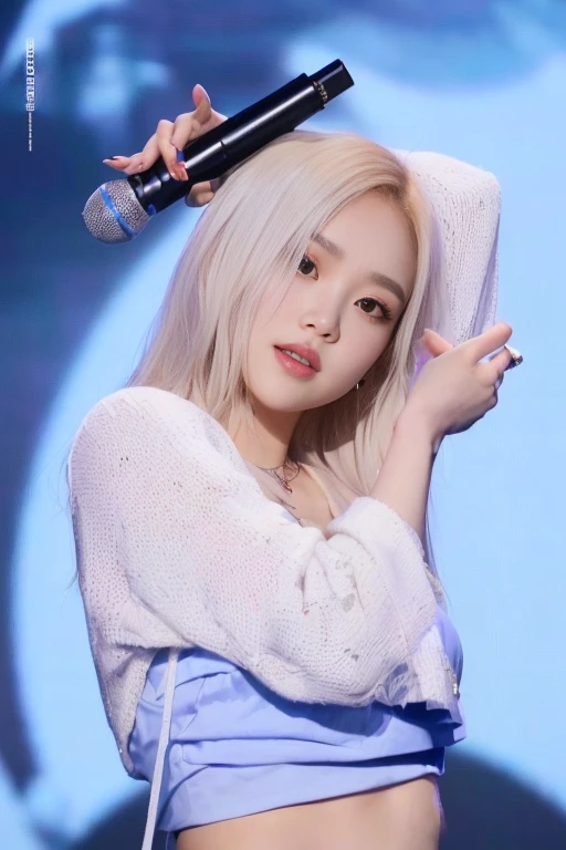a closeup of a person holding a microphone in his hand, parque roseanne de blackpink, kim doyoung, portrait of jossi de blackpink, jossi de blackpink, Jaeyeon Nam, jia, sun yunjoo, korean idol, Her hair is white, Heonhwa Choe, hada ellie bamber, TaeJune Kim, portrait of female korean idol