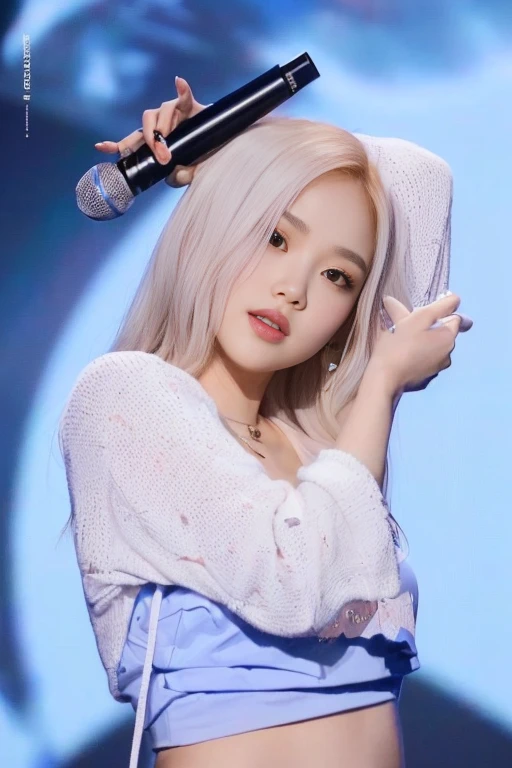 a closeup of a person holding a microphone in his hand, parque roseanne de blackpink, kim doyoung, portrait of jossi de blackpink, jossi de blackpink, Jaeyeon Nam, jia, sun yunjoo, korean idol, Her hair is white, Heonhwa Choe, hada ellie bamber, TaeJune Kim, portrait of female korean idol