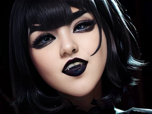 Mavis ,cute face beautiful blue eyes short hair with bangs style bob, lips upturned,  fangs extended vampire teeth gothic makeup eyeliner voluminous lips 