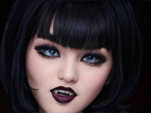 Mavis ,cute face beautiful blue eyes short hair with bangs style bob, lips upturned, fangs extended vampire teeth gothic makeup eyeliner voluminous lips