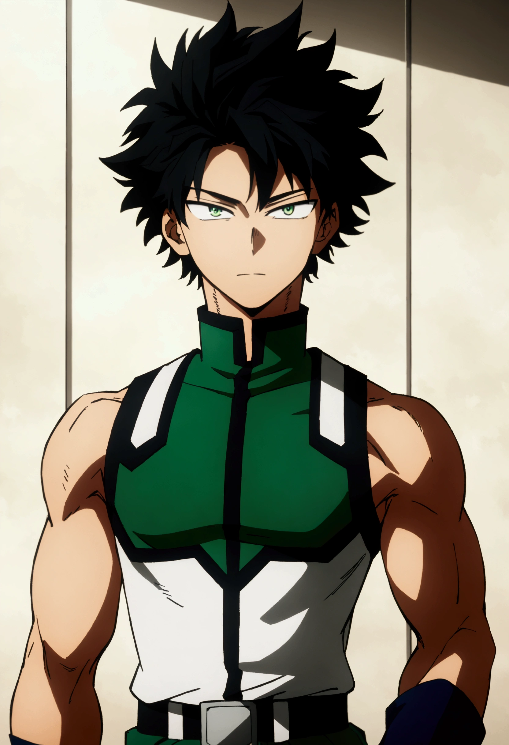 He is a , He has slightly disheveled very black hair..., somewhat light green eyes, , muscular body , anime art slyle my hero academy , sexy face, He is dressed in the anime male uniform "my hero academia",  , 8k, high quality, masterpiece, , cinematic, vivid colors, shining green eyes 