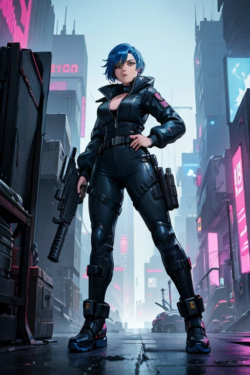 ((masterpiece,best quality)), 1female, 32 years old, Cyberpunk agent, weapon specialist, slightly serious expression, blue hair, yellow eyes, strong physique, black jumpsuit, metallic utility belt, boots, gun holsters, cyberpunk city in background, cinematic composition, dynamic pose,
