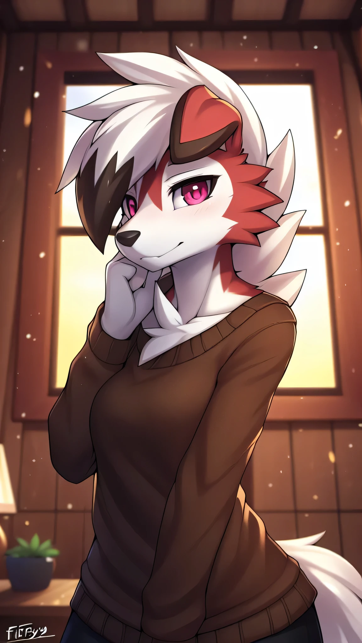 from Zinfew,отwistedscarlet60, uploaded to pixiv, from down-kevlar, (masterpiece), (Best quality), (Solo Woman:1.2), (extremely detailed:1.3),(detailed eye,black circle on the eye,Pink Eye), Lycanroc midnight, view in viewer, close view, Shy face, half body in portrait, only body and head, close view, Lycanrock close up photo, wear a brown sweater, inside the house, wooden house, open window, winter season, everyday pose