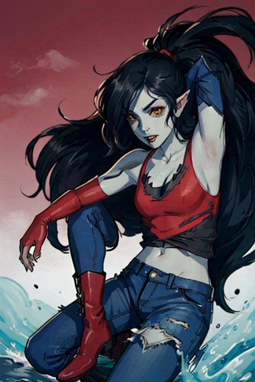 Create a realistic and detailed full-length portrait of Lyne, a captivating character blending the essence of Marceline from Adventure Time and Undyne from Undertale, she has Light blue-gray skin with shimmering blue fish-like scales on her arms and shoulders, Long, dark crimson hair in a spiky ponytail with choppy bangs framing her face, Sharp yellow eyes with red pupils, small fins on the sides of her head and sharp fangs hinting at vampiric traits, Lean athletic figure for an intimidating yet graceful presence, Dark-gray ripped tank top and intricate amphibious armor, Black ripped jeans with torn knees, dark red boots, black finger-less gloves for a punk-inspired touch, Dark makeup around her eyes and subtle vampire bite marks on her neck, powerful punk vampire fish warrior, cool and fierce, masterpiece, high quality, 4K, undyne, undyne the undying, MarcelineWaifu
