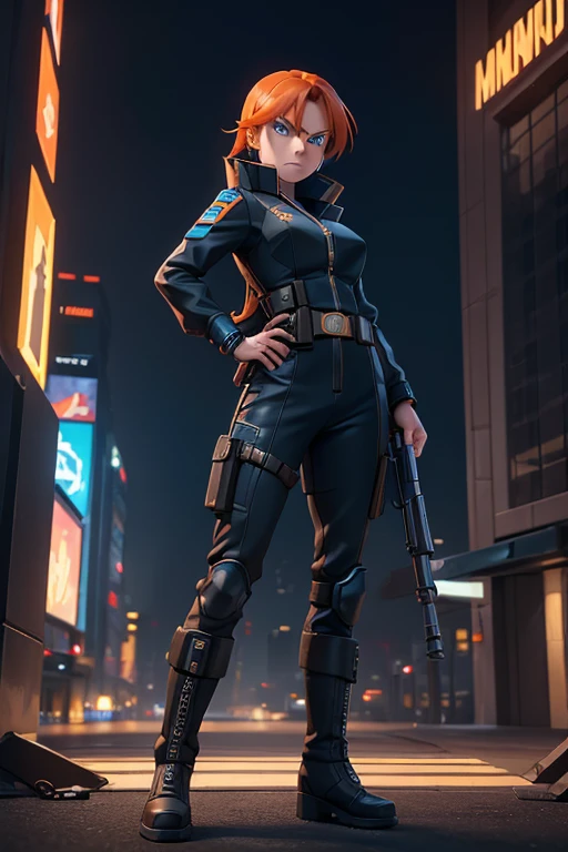 ((masterpiece,best quality)), 1female, 32 years old, Cyberpunk agent, weapon specialist, slightly serious expression, orange hair, blue eyes, strong physique, black jumpsuit, metallic utility belt, boots, gun holsters, high-tech city in background, cinematic composition, dynamic pose,
