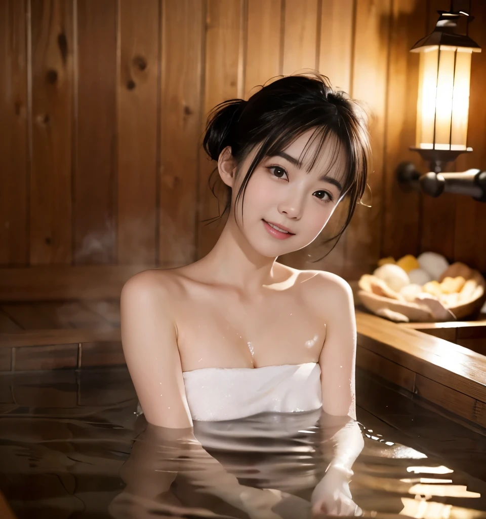 Highest quality、8k、Ultra-high resolution、masterpiece、Clear photos、Professional Lighting、Very cute girl、beautiful girl、、Very short hair、smile、Completely naked、((Small breasts、Flat Chest))、Super Slender、(Soak shoulder-deep in hot springs:1.6、((Sink into the hot springs))、Hide the udder) 、Standing in an indoor hot spring、((Lots of steam)、Warm Light)