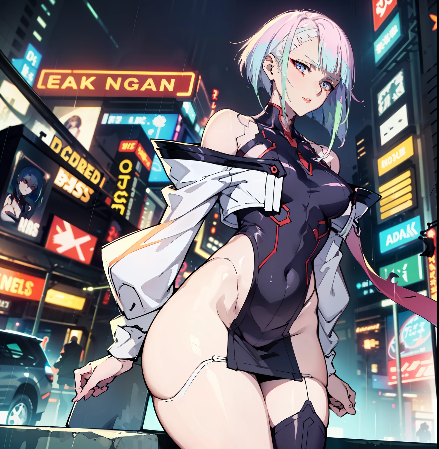 ((1girl)),((alone)),lucy ,lucyna kushinada,(masterpiece), (best quality), (ultra detailed), (best illustration), (best shadow), (absurdities), sharp focus, shot cowboy, dynamic pose looking at viewer, small breasts, narrow waist, wide hips, wide thighs, round butt, dynamic posture, nude, erotic, romantic, (very detailed eyes, lips 1.1), very detailed eyes, blue-gray eyes, eyes very detailed, Beautiful figure, Slim, Slender figure, shapely legs, white hair, Bob hairstyle, Cutouts on the shoulders, Cutouts on the chest, Neckline at the waist, black stockings, Short black skirt, Very detailed face, Very beautiful face , full height, Beautiful slim figure, femininity, expressive appearance, elastic small breasts, increased sexuality, calm look, closed mouth, serious expression, (sexy pose: 1.2), ((solo)), standing: 1.3, outside , cyberpunk cityscape, rainy city, streets, city lights, night,)neon lights, looking forward, ((focus on breasts), point of view (from below), red blush, perfect anatomy, perfect hands.