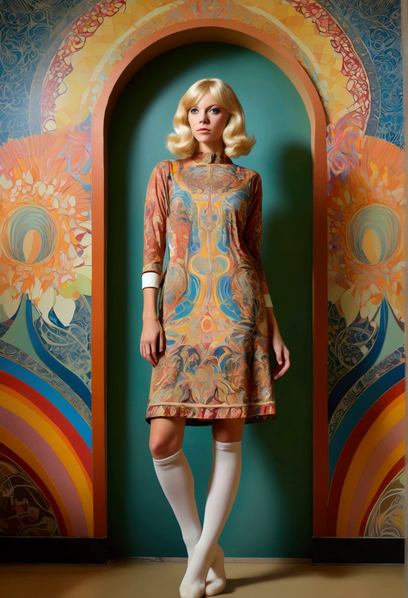 full body blonde woman in a 1960's dress with long white socks in front of a jugendstil psychedelic mural by Andy Rementer, detailed, sacred complex background, modern contemporary surreal, open highly enigmatic, rich deep color, dynamic dramatic cinematic light, beautiful grand delicate, sharp focus, extremely aesthetic, glowing, magical, sublime, singular, coherent, pretty, very creative, amazing, epic composition