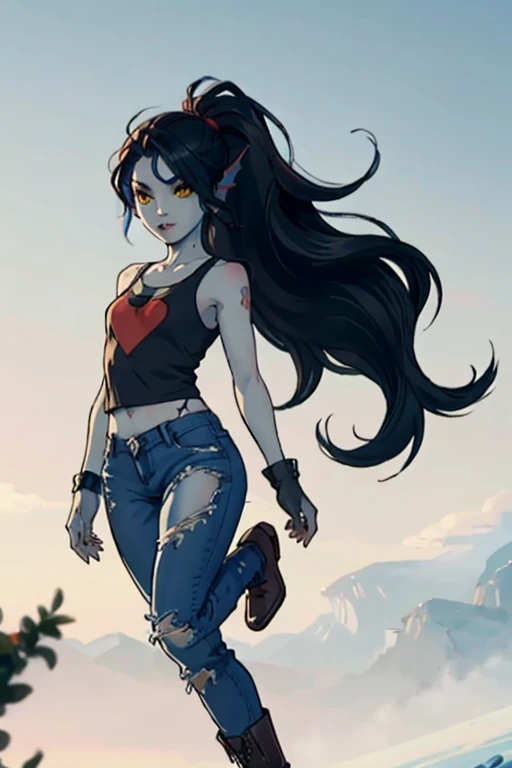 Create a realistic and detailed full-length portrait of Lyne, a captivating character blending the essence of Marceline from Adventure Time and Undyne from Undertale, she has Light blue-gray skin with shimmering blue fish-like scales on her arms and shoulders, Long, dark crimson hair in a spiky ponytail with choppy bangs framing her face, Sharp yellow eyes with red pupils, small fins on the sides of her head and sharp fangs hinting at vampiric traits, Lean athletic figure for an intimidating yet graceful presence, Dark-gray ripped tank top and intricate amphibious armor, Black ripped jeans with torn knees, dark red boots, black finger-less gloves for a punk-inspired touch, Dark makeup around her eyes and subtle vampire bite marks on her neck, powerful punk vampire fish warrior, cool and fierce, masterpiece, high quality, 4K, undyne, undyne the undying, MarcelineWaifu