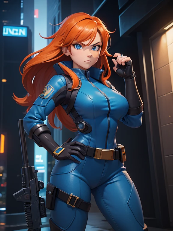((masterpiece,best quality)), 1female, 32 years old, Cyberpunk agent, weapon specialist, slightly serious expression, orange hair, blue eyes, strong physique, blue jumpsuit, metallic utility belt, boots, gun holsters, high-tech city in background, cinematic composition, dynamic pose,