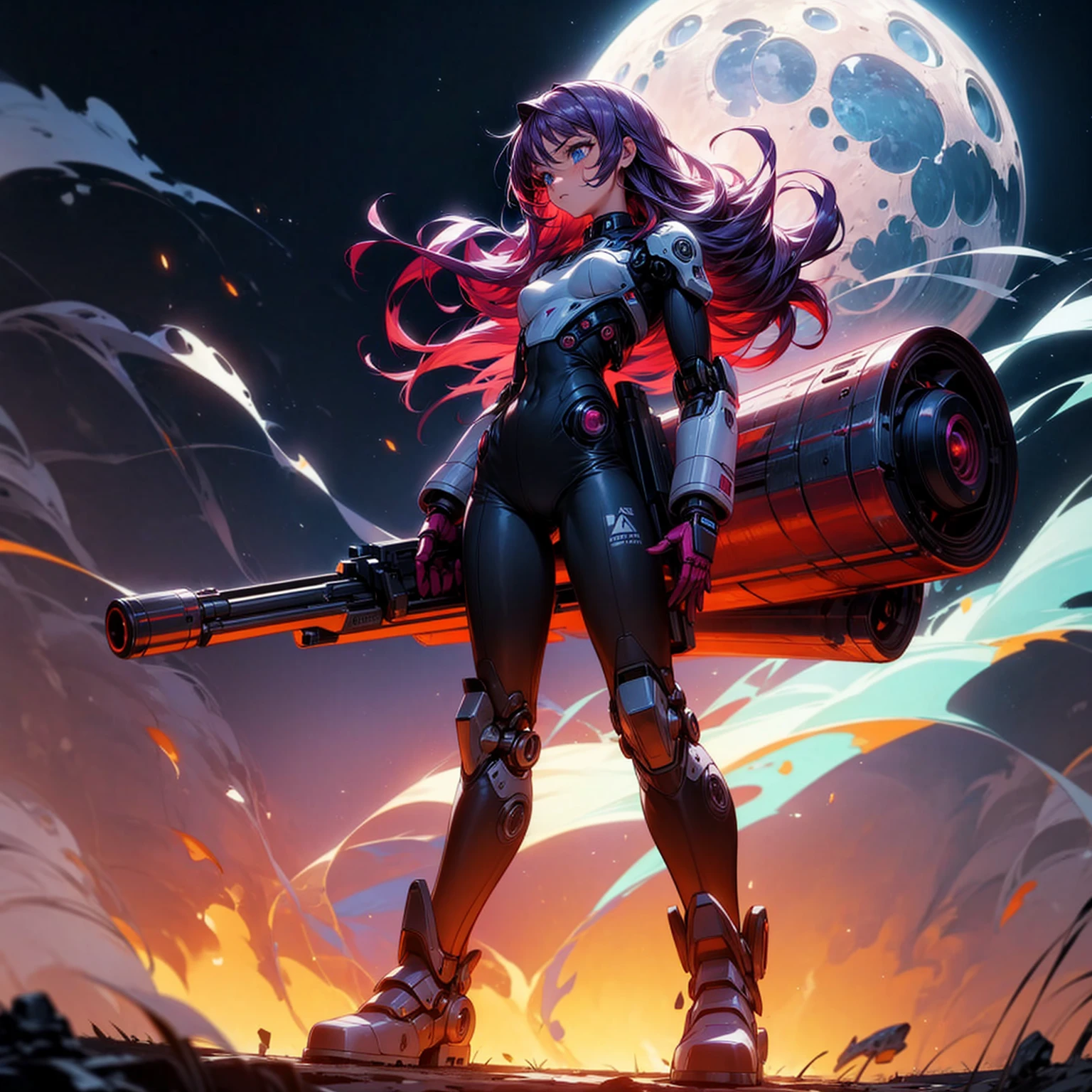 Ultra detailed, full background, Full body version, Grassroots, background in field, (solo, girl, cyborg, blue eyes, sad eyes, magenta color hair, long hair, pants, Boots), standing gesture, hand turns into a shotgun, low angle view, full body robotic, smoke effect, fire effect, lighting on shotgun, Red laser, largest robotic shotgun, moon, Moonlight, The whole body is fully robotic