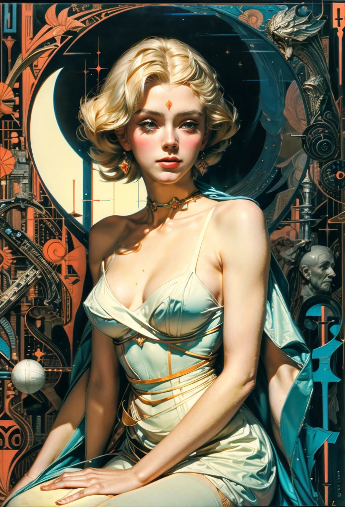 full body blonde woman in a 1960's dress with long white socks in front of a jugendstil psychedelic mural by Andy Rementer, detailed, sacred complex background, modern contemporary surreal, open highly enigmatic, rich deep color, dynamic dramatic cinematic light, beautiful grand delicate, sharp focus, extremely aesthetic, glowing, magical, sublime, singular, coherent, pretty, very creative, amazing, epic composition