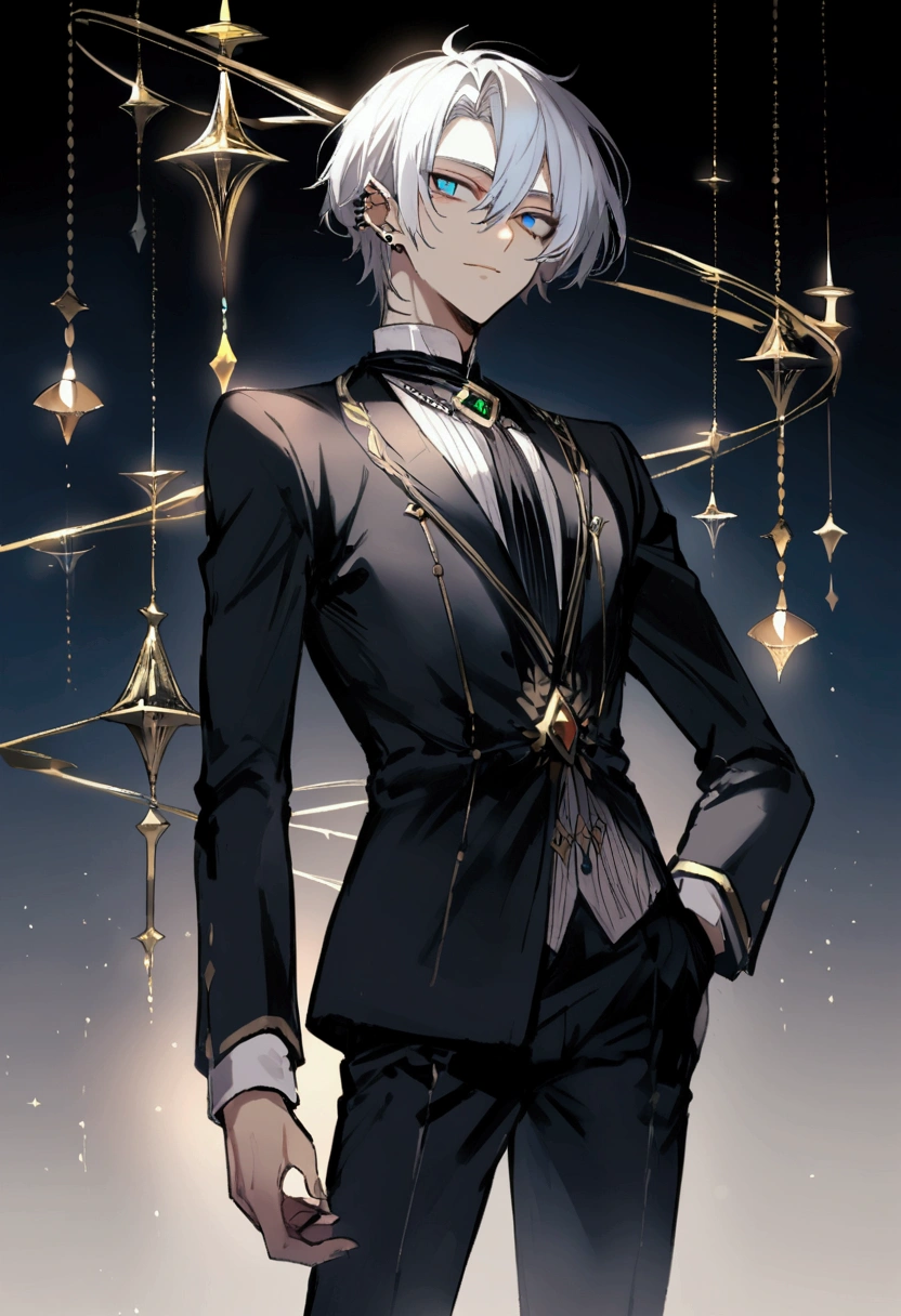 A boy, He is tall and measures 1,88 meters, has light skin, He has beautiful silver hair.., piercing deep blue eyes., in addition to a fairly defined and marked body