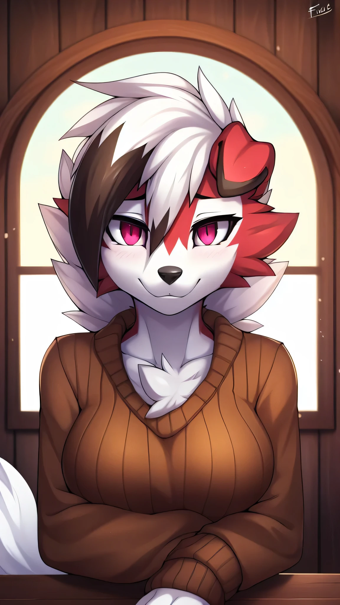 from Zinfew,отwistedscarlet60, uploaded to pixiv, from down-kevlar, (masterpiece), (Best quality), (Solo Woman:1.2), (extremely detailed:1.3),(detailed eye,black circle on the eye,Pink Eye), Lycanroc midnight, view in viewer, close view, Shy face, half body in portrait, only body and head, close view, Lycanrock close up photo, wear a brown sweater, inside the house, wooden house, open window, winter season, everyday pose