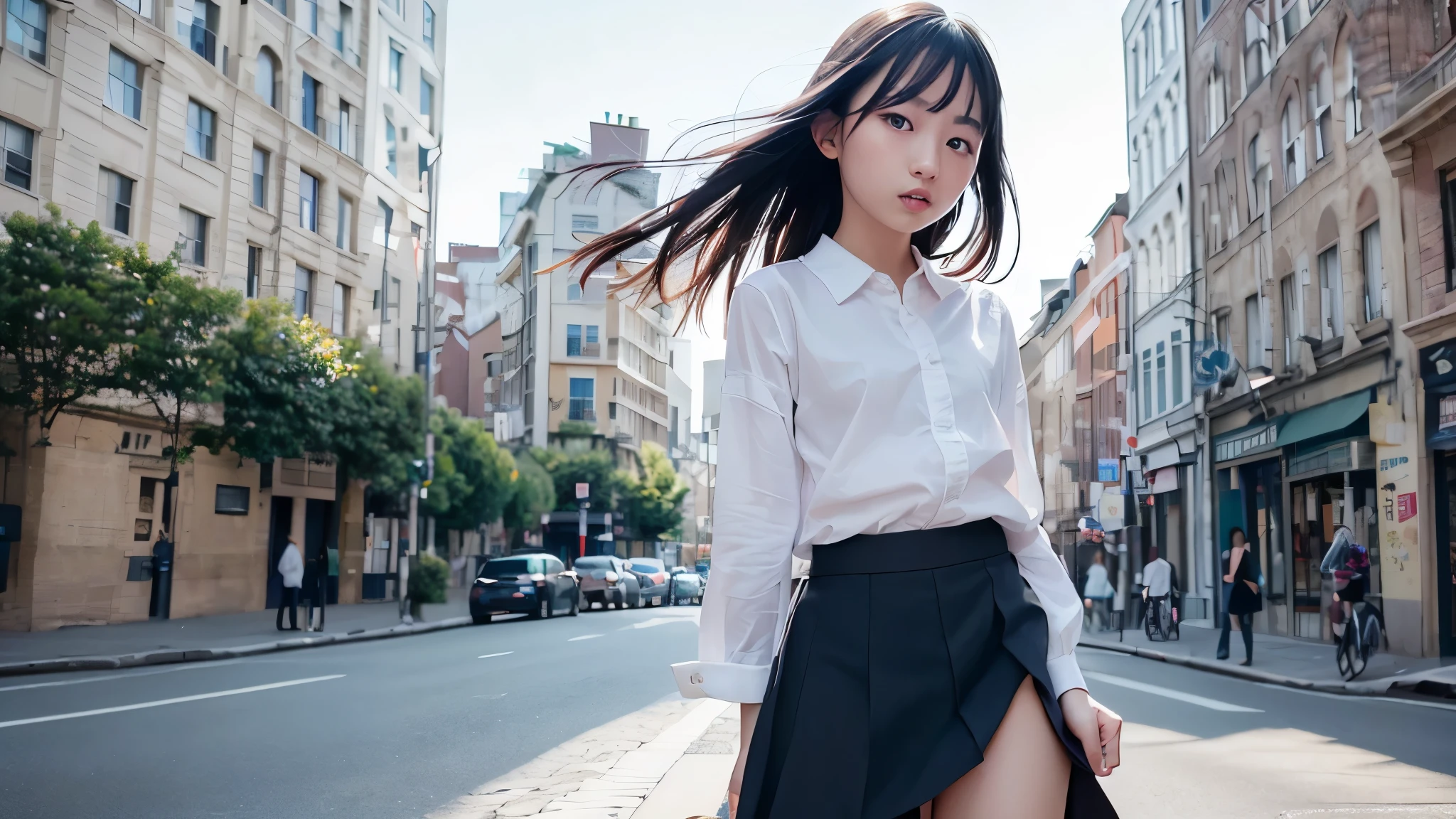 morning、Blue sky、Black Hair、blunt bangs、White shirt、In 8K、Highest quality、masterpiece、Super detailed、超High resolution、((1 person))、With a girl、compensate、Pleated skirt、Strong winds、((((Flip up the skirt))))、City view、super fine illustration,(((beautiful fine hair))),(((beautiful fine face))),(((beautiful fine background))),Photorealistic, High resolution, 1 Girl, Korean, Eyes with heterochromia, Small mole under eye,