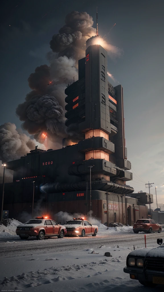 cinematic still, futuristic brutalist military red structure in the snow with cars parked in front of it, octane render, photorealistic, 8K, HD, fire and smoke, gigantic missile red structures, gigantic spaceship in sky