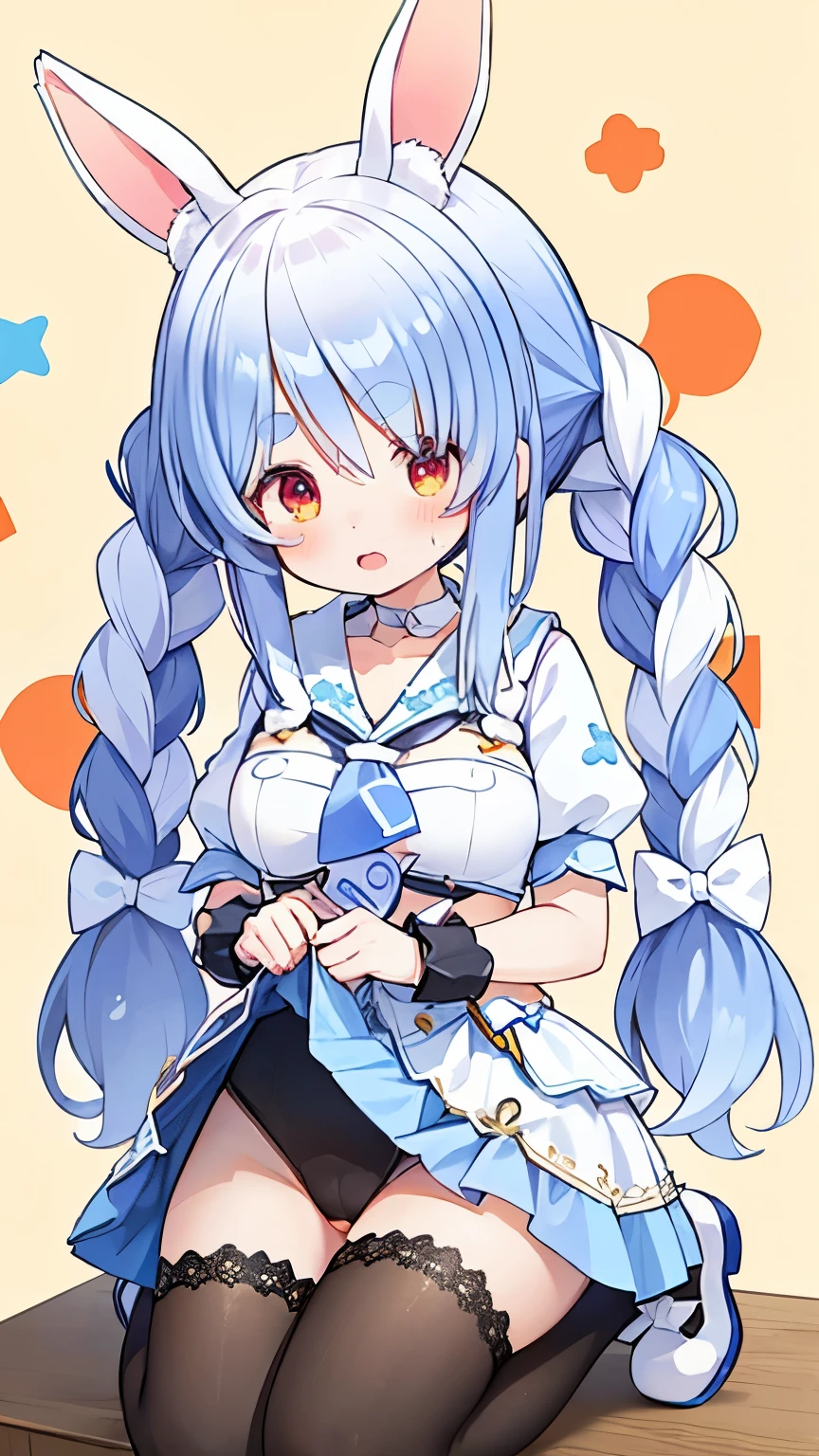 vivid colors,(Very detailed illustrations、Bright colors:1.2),(:1.5)(masterpiece, 8k), (最high quality, high quality:1.4), Perfect Anatomy, Very detailed,masterpiece background,, v8k wallpaper,Perfect design,Award-winning art、gossiper、Blue Hair、Braid,Ginseng, Usada Pekora, very huge breast、Climax、White knee socks、sitting、orgasm,steam,sweat,red cheek、female masturbation,pussy touch,whole body、Grabbing soft big breasts,looking down,Sailor suit,minigirl,