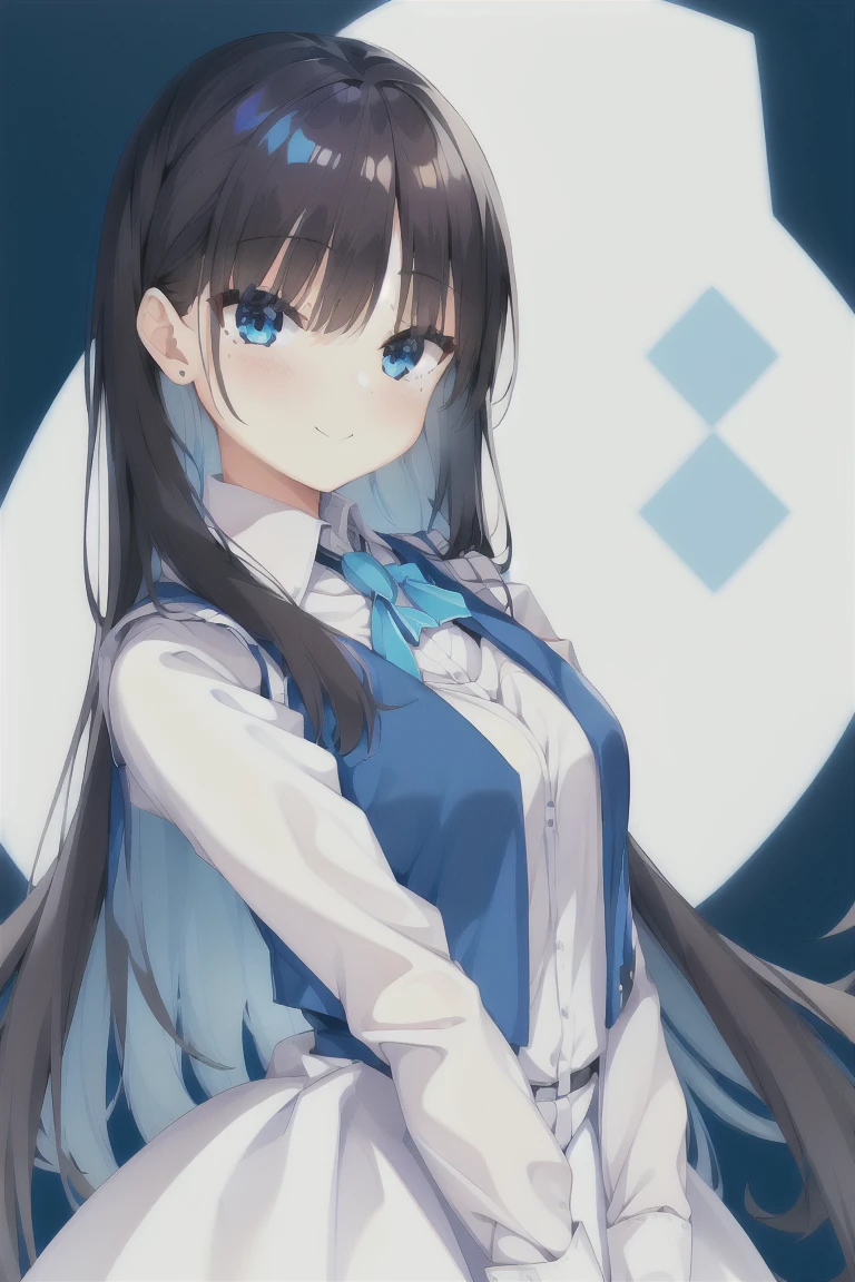 1girl,bangs,blunt_bangs,long_hair,独奏,Blue_eyes,blush,simple_background,white_background,black_hair,necklace,smile,long_sleeves,dress,shirt,Vest,white_shirt,puffy_sleeves,own_hands_together,closed_mouth,(Blue_Vest:1.3), bangs, Blue Vest, (white dress:1.3),expensive_solve, clear_image, expensive_Contrast, 8k, Sparkling, beautiful_detailed_face_and_eye, (Black Hair:1.25), 白 eye,White background,White background