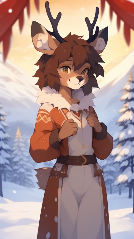 ((by reysi)), Best quality, Super detailed illustration, (fluffy deer boy:1.4) , feminine face and body, disheveled thick hair, warm clothes of the northern peoples, warm colors, decorations on clothes, smug smile, against the backdrop of a winter forest and high snow-capped mountains ,a femboy ,small waist, wide hips, slim, perfect body, 